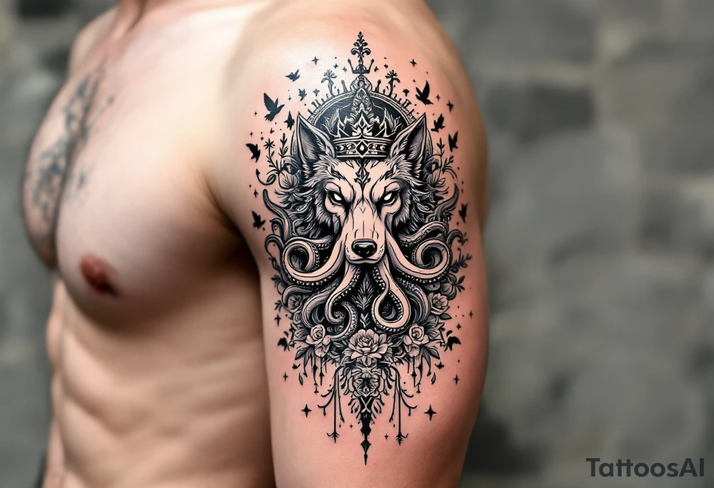 powerful majestic wolf octopus with a crown, surrounded by floral ornaments and birds tattoo idea