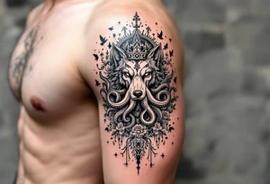 powerful majestic wolf octopus with a crown, surrounded by floral ornaments and birds tattoo idea