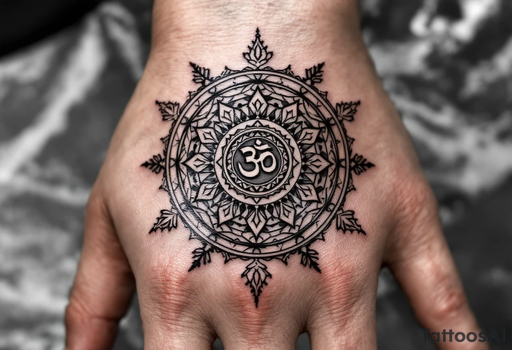 wheel of Dharmachakra with an ohm symbol in the middle tattoo idea