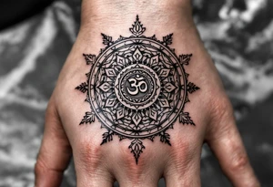 wheel of Dharmachakra with an ohm symbol in the middle tattoo idea