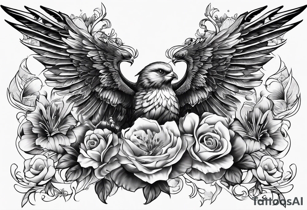 sleeve tattoo full with guns and flowers and wings tattoo idea