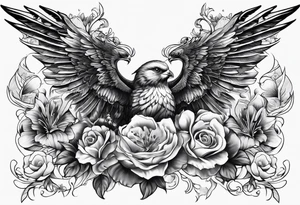 sleeve tattoo full with guns and flowers and wings tattoo idea