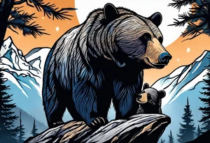 Momma bear and teen cub in the mountains tattoo idea