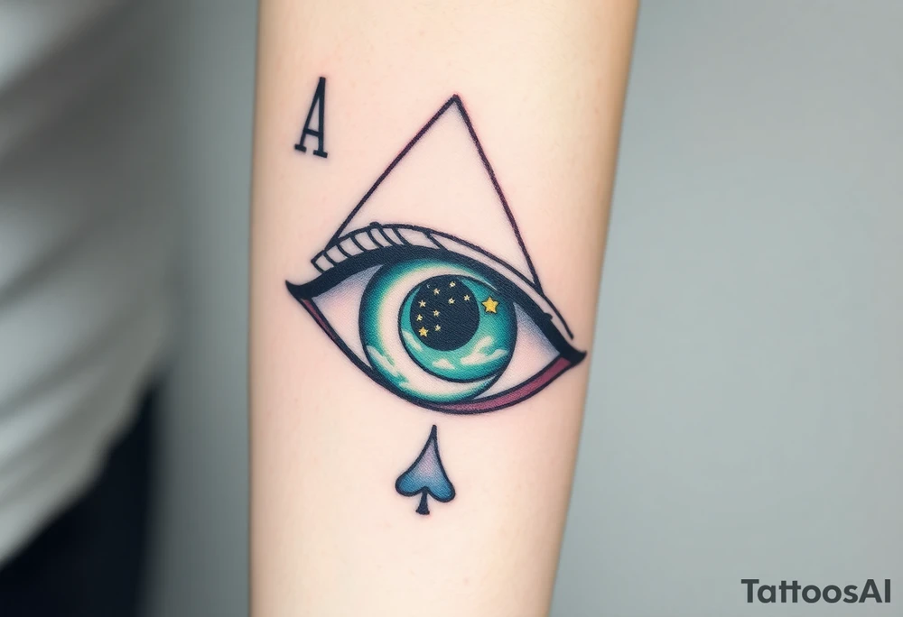 Large outline of an almond shaped eye with an ace of spades for the eyeball colored greenish blue with a crescent moon stars and clouds inside vivid colors blue green purple tattoo idea
