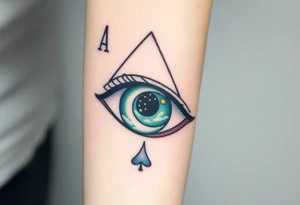 Large outline of an almond shaped eye with an ace of spades for the eyeball colored greenish blue with a crescent moon stars and clouds inside vivid colors blue green purple tattoo idea