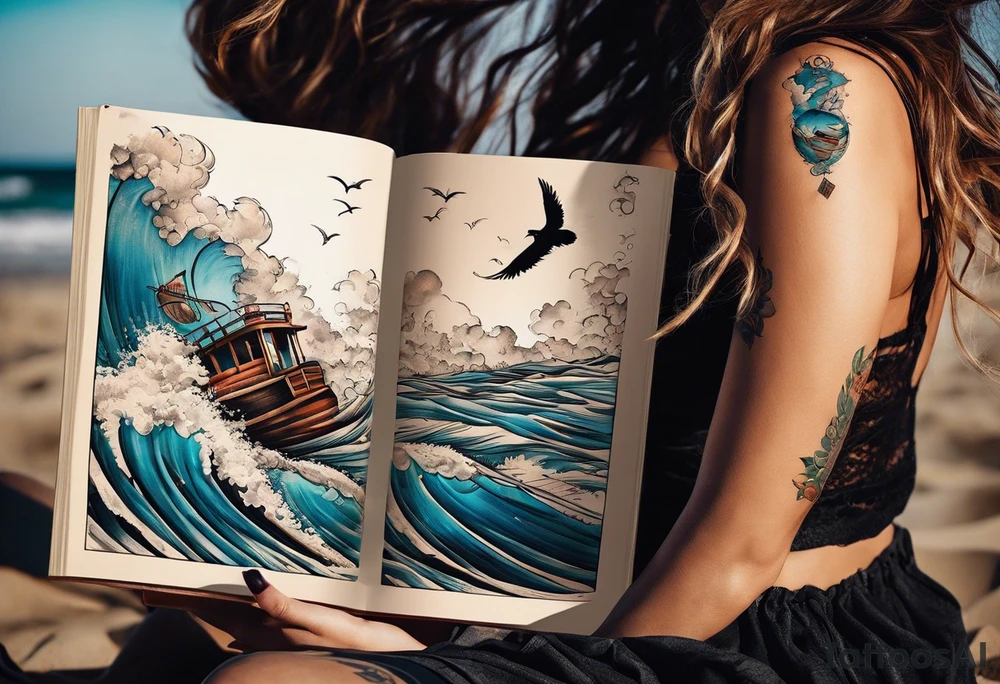 Someone is sitting on the beach reading a book and the pages are flying in the wind, the purpose of the tattoo is to emphasize that just as the pages are flying in the wind, you also have to flip through situations in life tattoo idea