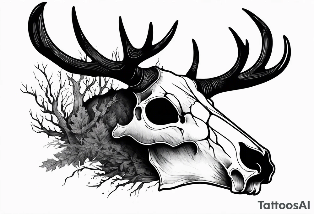scary side view of a DECAYING deer skull JUST BONE surrounded by a forest fire in background tattoo idea