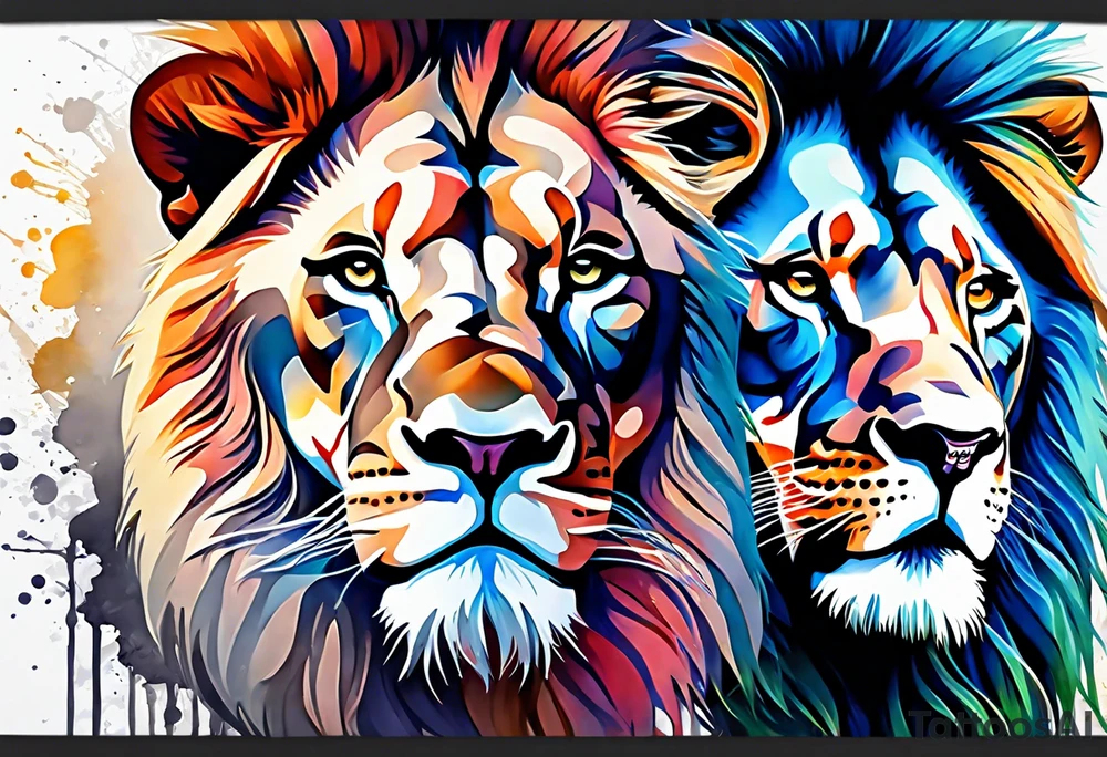 Two Lions. Water Colour splash back. Male and Female. Power and love. One protecting the other tattoo idea