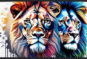 Two Lions. Water Colour splash back. Male and Female. Power and love. One protecting the other tattoo idea