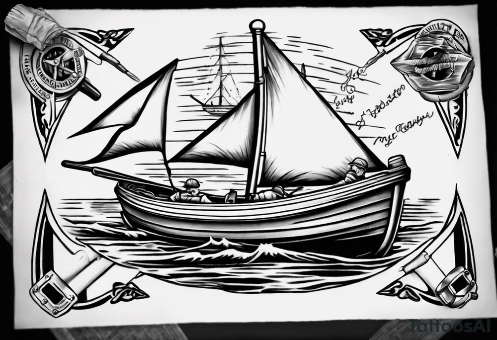 memorial tattoo for my father. include an open boat and outboard motor with dad at the engine and a boy in the front of the boat. try to tie in other hobbies like playing cribbage, woodworking, and watching jeopardy tattoo idea