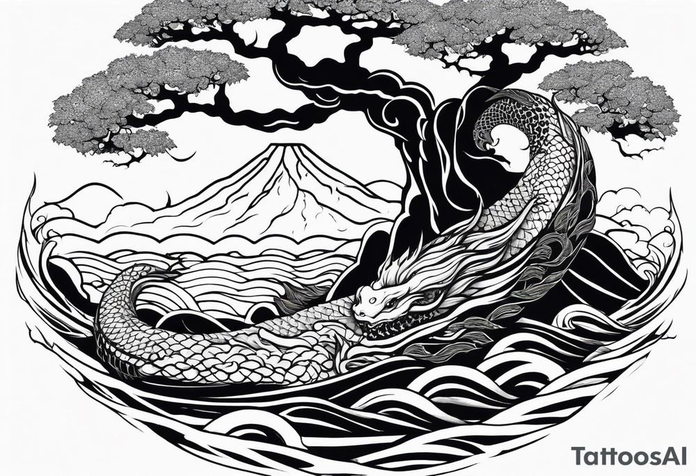 Jormungandr wrapped around world tree with waves crashing around tattoo idea