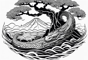 Jormungandr wrapped around world tree with waves crashing around tattoo idea