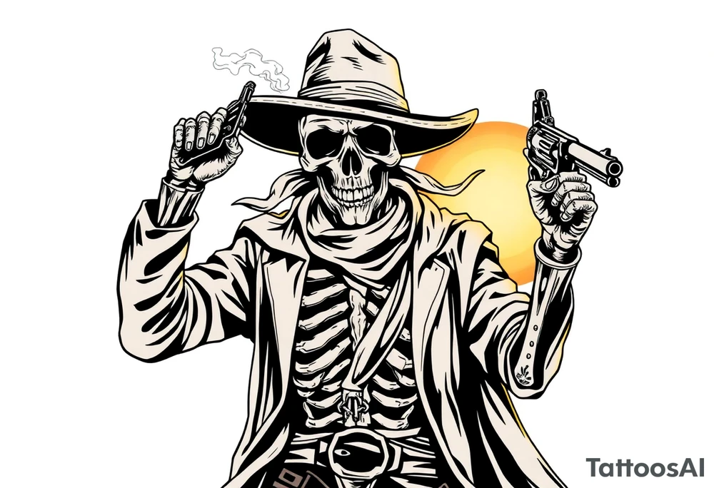 a skeletal gunslinger risen from legend. Sun-bleached bones glint beneath his tattered duster, and wind whips around him like whispers of forgotten duels. With one bony hand, he pulls down a worn bandana, revealing a grinning skull locked in a permanent, menacing sneer. In the other hand, he raises a heavy, timeworn revolver, smoke coiling from its barrel as if it remembers every soul it's sent to the underworld. Behind him, the desert sky burns with the fire of a setting sun, casting long shadows of death and justice. tattoo idea