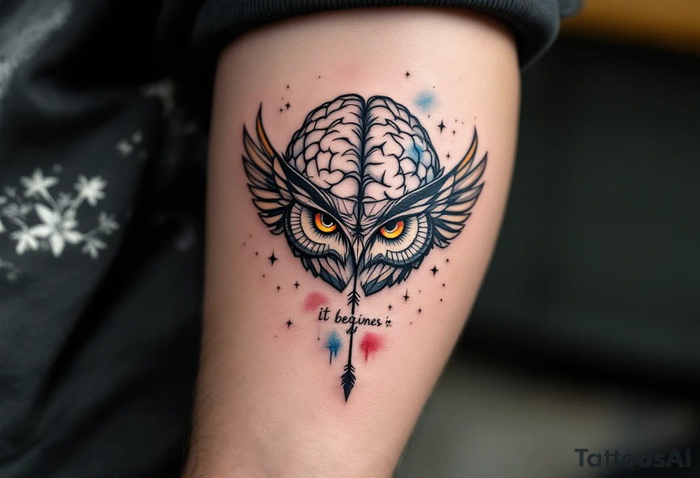 Tattoo inspired in the gifted brain in geometric and straight lines, with few watercolor details but mostly black, symbols representing intelligence, creativity and dreaming flying arround, the phrase "It begins with a dream", owl wings behind and delicate and discrete owl eyes looking forwar, and an arrow crossing from above with watercolors leaking from it tattoo idea