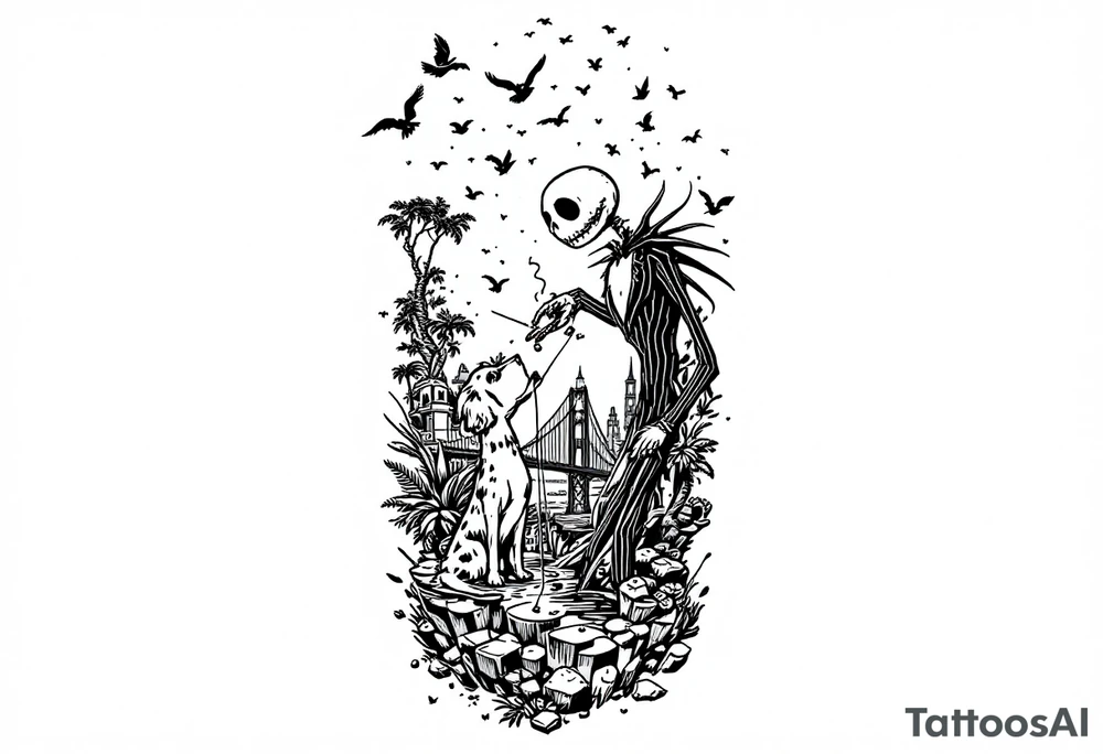 jack skellington with dog,smoking a blunt and fishing,surrounded by city buildings,golden gate bridge, birds, palm trees, tattoo idea
