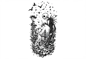 jack skellington with dog,smoking a blunt and fishing,surrounded by city buildings,golden gate bridge, birds, palm trees, tattoo idea