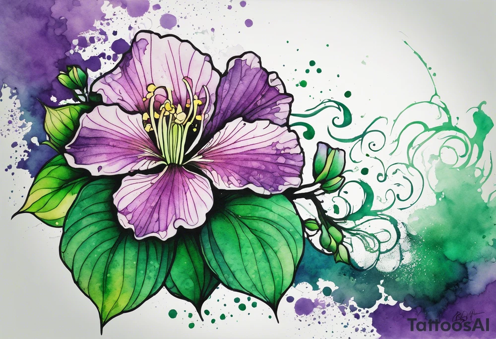 A mystical outline of a green rio dipladenia flower and a green/purple watercolor splatter in the background tattoo idea