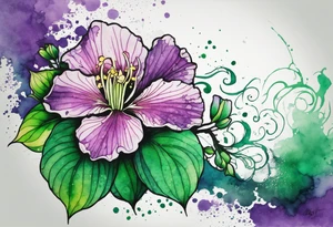 A mystical outline of a green rio dipladenia flower and a green/purple watercolor splatter in the background tattoo idea
