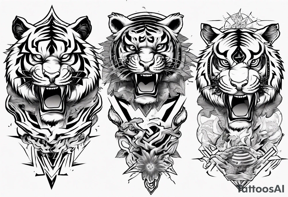 Ancient tiger with lightning and a sun for a forearm sleeve. With patterns surrounding it tattoo idea