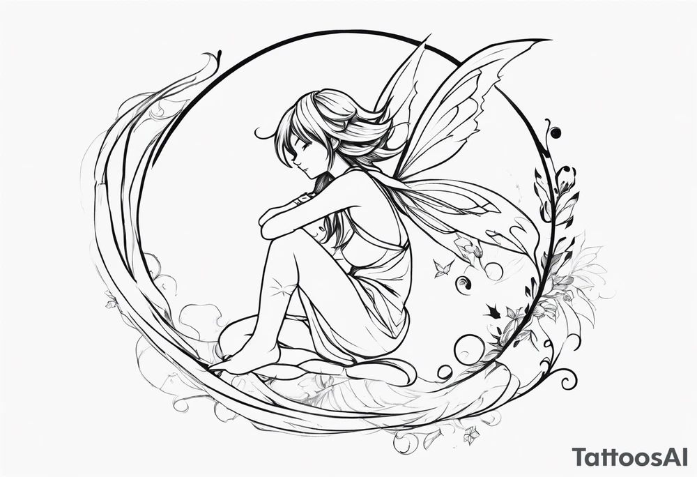 No color sketch of a fairy with a tail inspired by the guild symbol in the anime show called Fairy Tail in a fetal position leaning forward while crawled in hugging herself with hands a bit forward and her body is an angle while floating in the air tattoo idea
