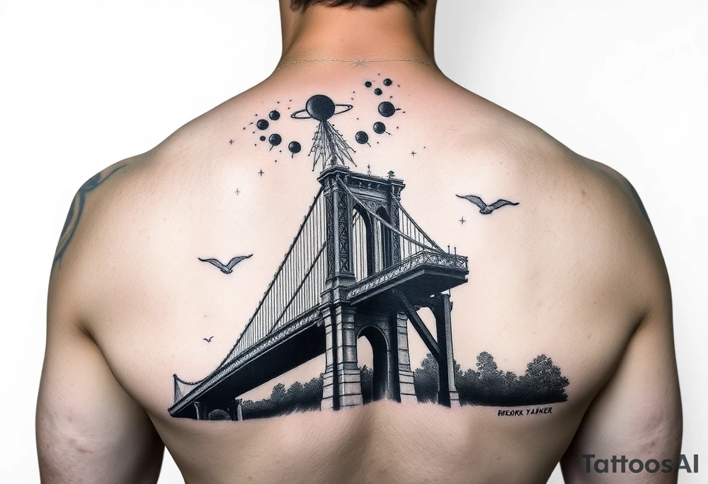 Create a tattoo of the brooklyn bridge 
Have space galaxy in the sky tattoo idea