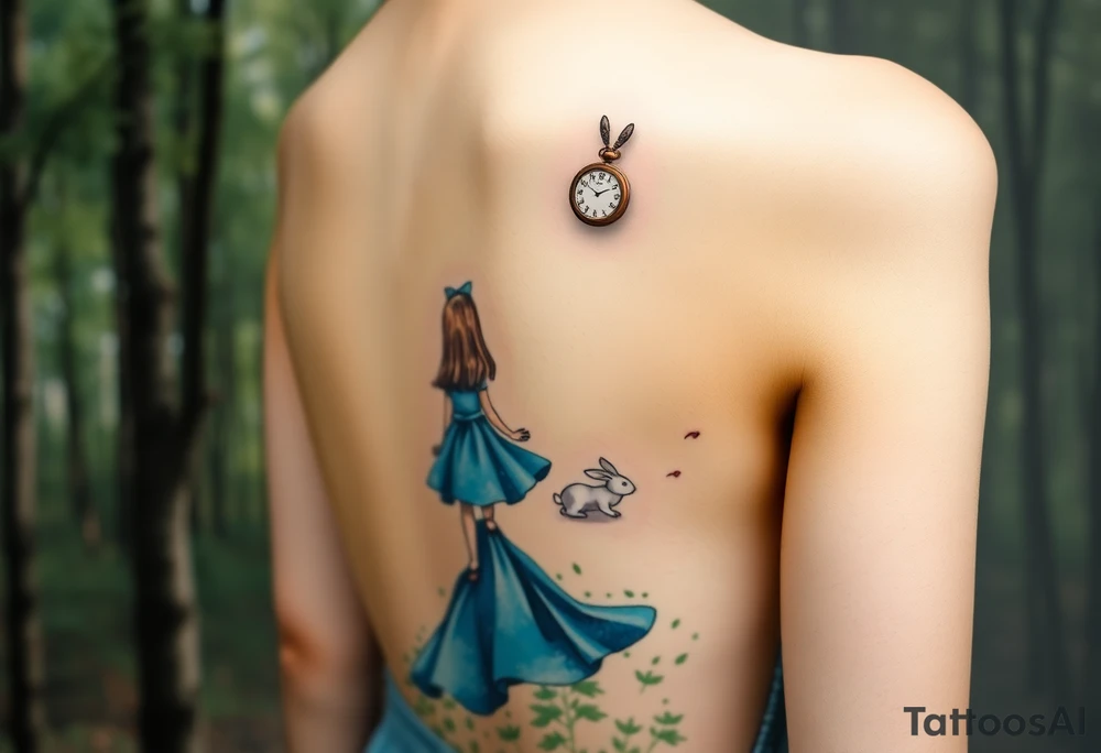 Back view of a girl in a blue dress walking in a forest following a small white rabbit. A pocket watch on top of the scene, falling amongst the trees tattoo idea
