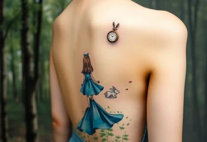 Back view of a girl in a blue dress walking in a forest following a small white rabbit. A pocket watch on top of the scene, falling amongst the trees tattoo idea