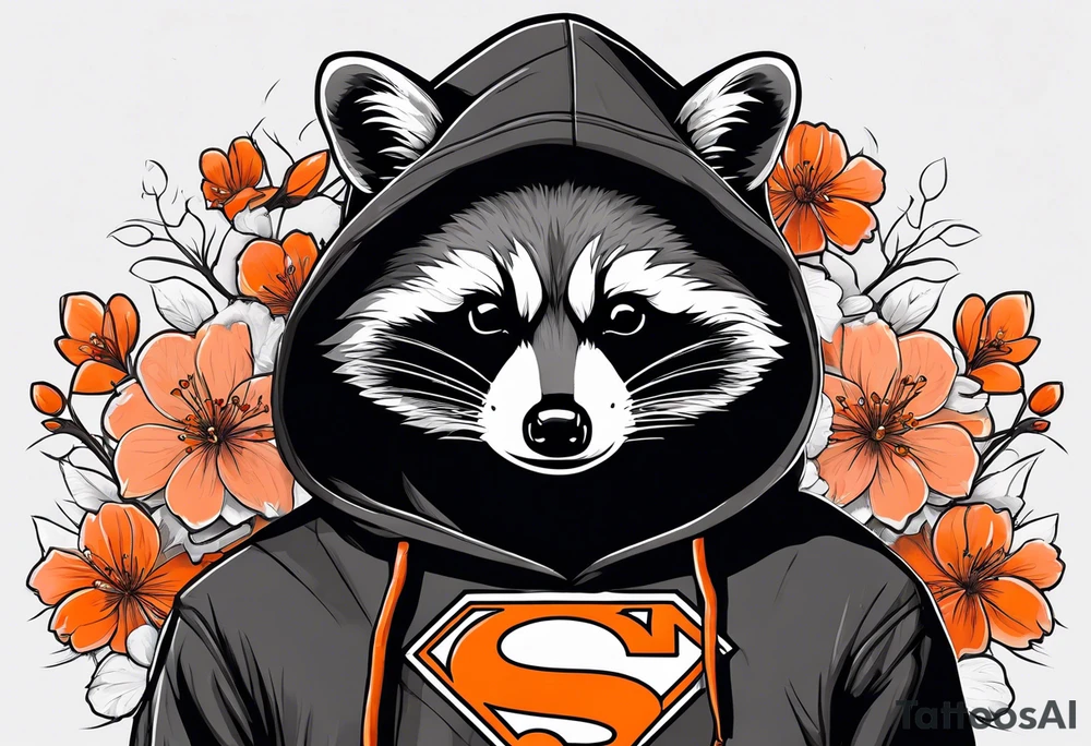 Raccoon wearing a white Superman logo on a black hoodie and orange Japanese cherry blossoms beside tattoo idea