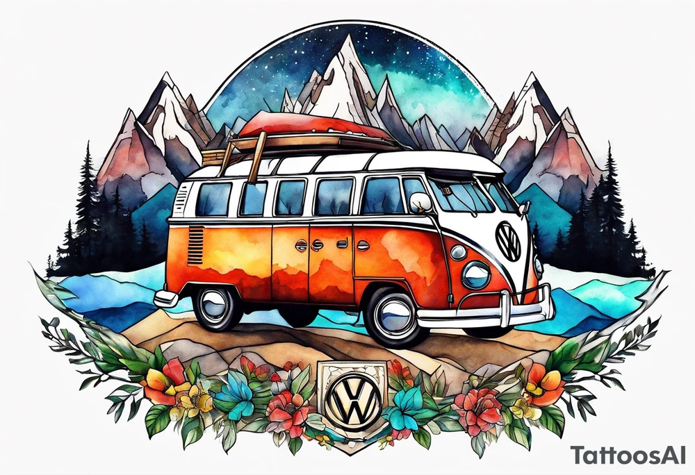 directional Compass rose, mountains and VW Komi campervan tattoo idea
