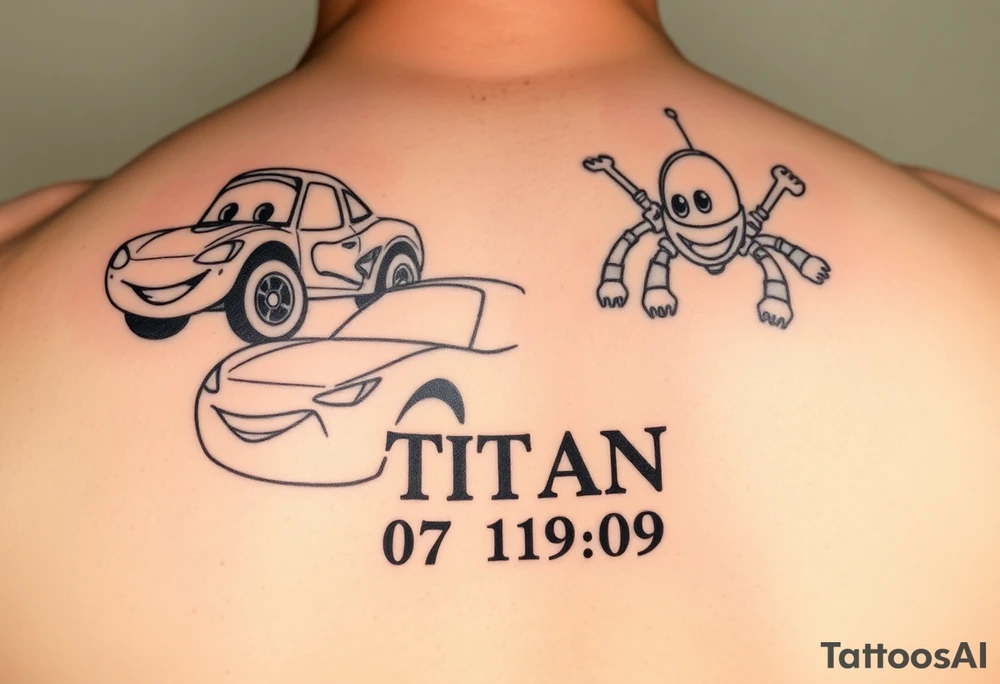 Lighting McQueen, Dusty Crophopper, Turbo with the name Titan and birthday date 07/19/09 tattoo idea