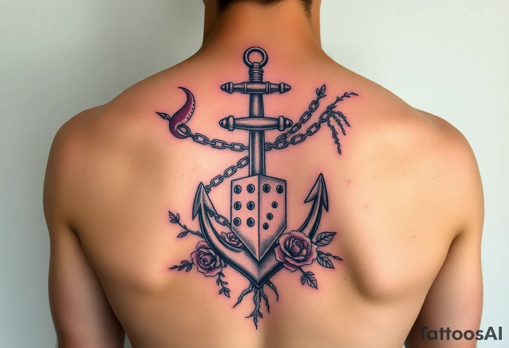 Squid and knight and anchor combined with chains, tree roots, cherry blossoms and roses rolling dice tattoo idea
