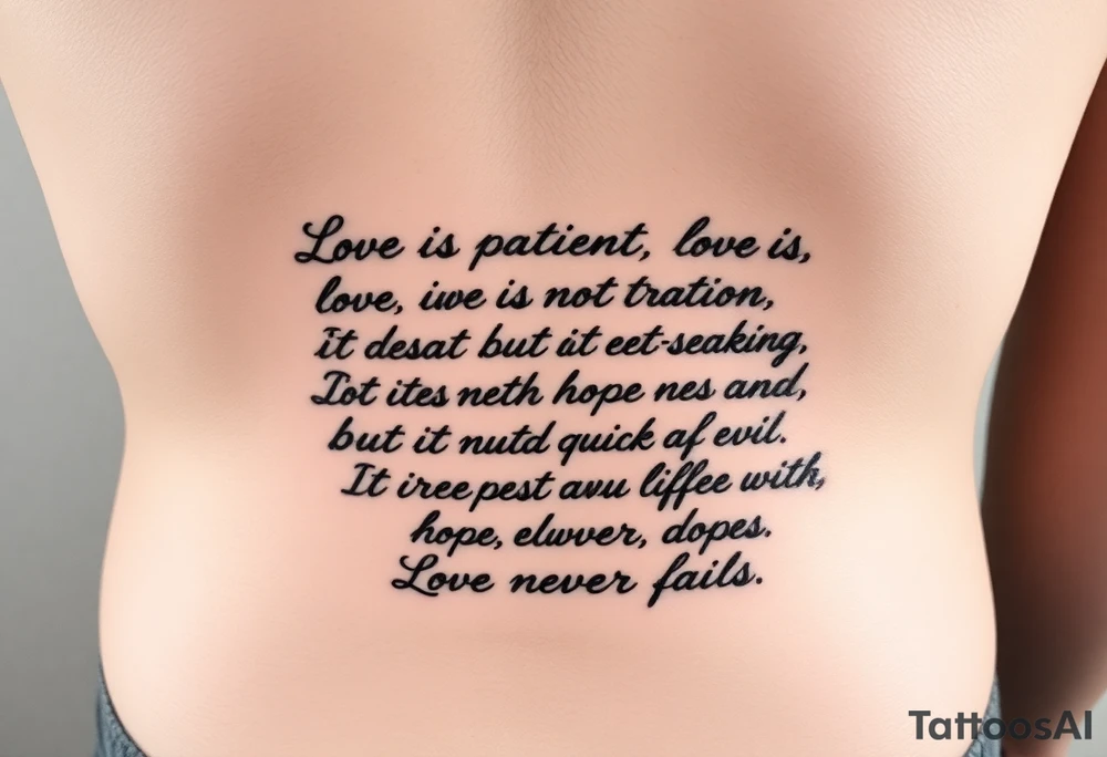 A handwritten tattoo above a man's right hip that takes up about 1/2 of his waist without coming close to his navel that reads,
Love is patient, love is kind. It does not envy, it does not boast, 
it is not proud. It does not dishonor others, it is not self-seeking, 
it is not quick to anger, it keeps no record of wrongs.
Love does not delight in evil but rejoices with the truth. 
It always protects, always trusts, always hopes, always perseveres.
Love never fails.


8 Love never fails." tattoo idea