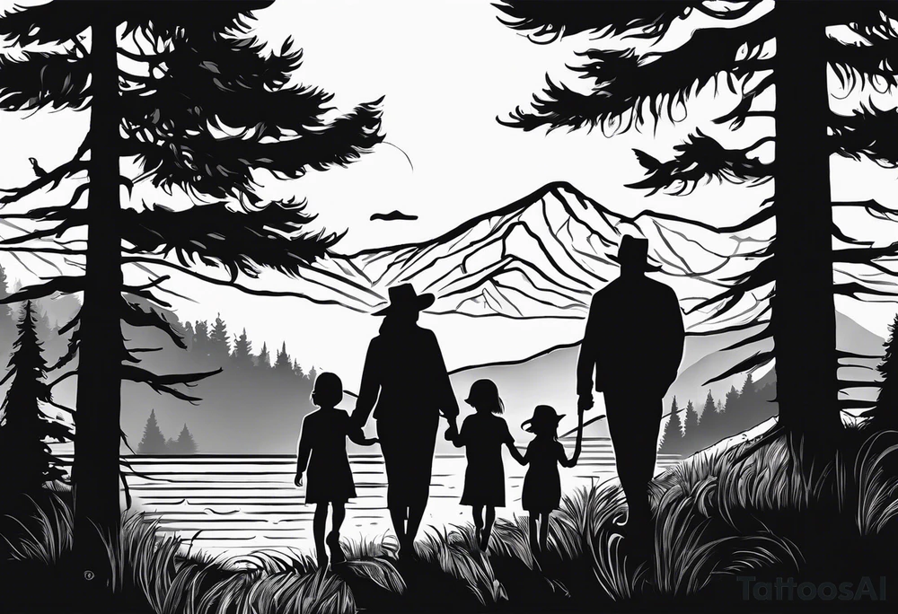 A shadow of a family of four walking through the Pacific northwest landscape. Faith centered and add Mexican culture .  Add frame tattoo idea