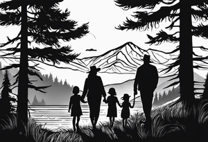 A shadow of a family of four walking through the Pacific northwest landscape. Faith centered and add Mexican culture .  Add frame tattoo idea