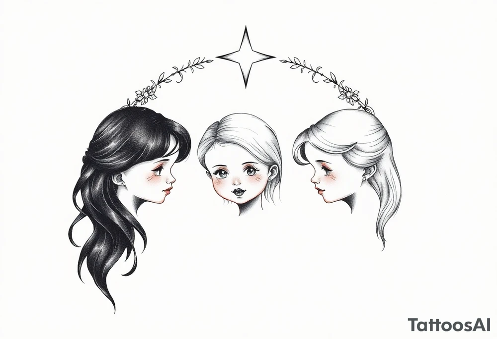 3 petites filles ( une cheveux noir et deux blondes)
sous un arc en ciel incomplet tattoo idea