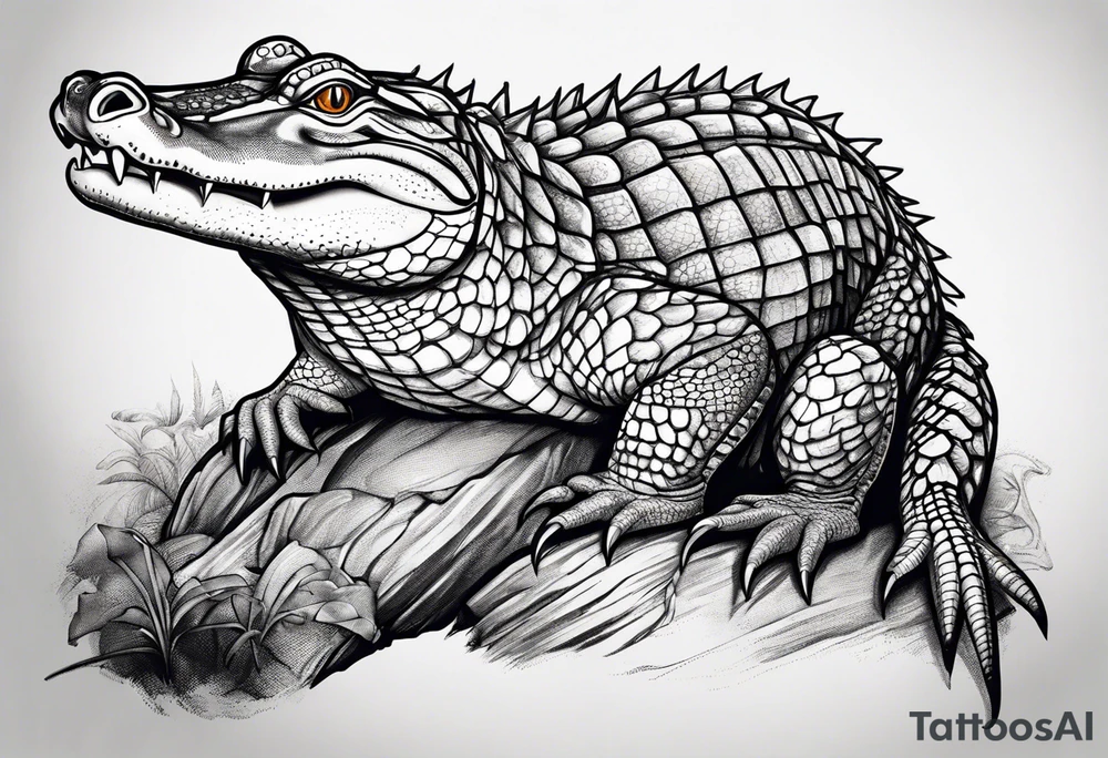 Full body caiman with stretched tail top view tattoo idea