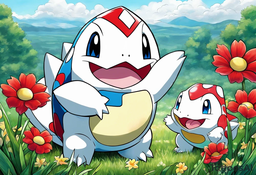 Original Togepi and original totodile playing together in a field tattoo idea