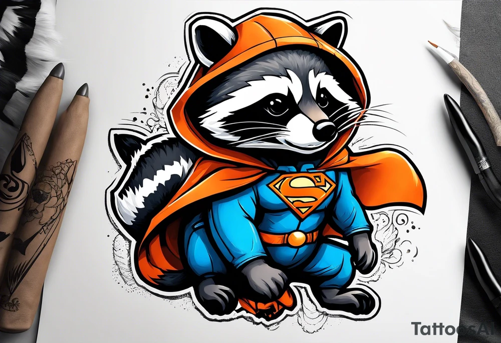 Raccoon wearing an orange Superman hoodie tattoo idea