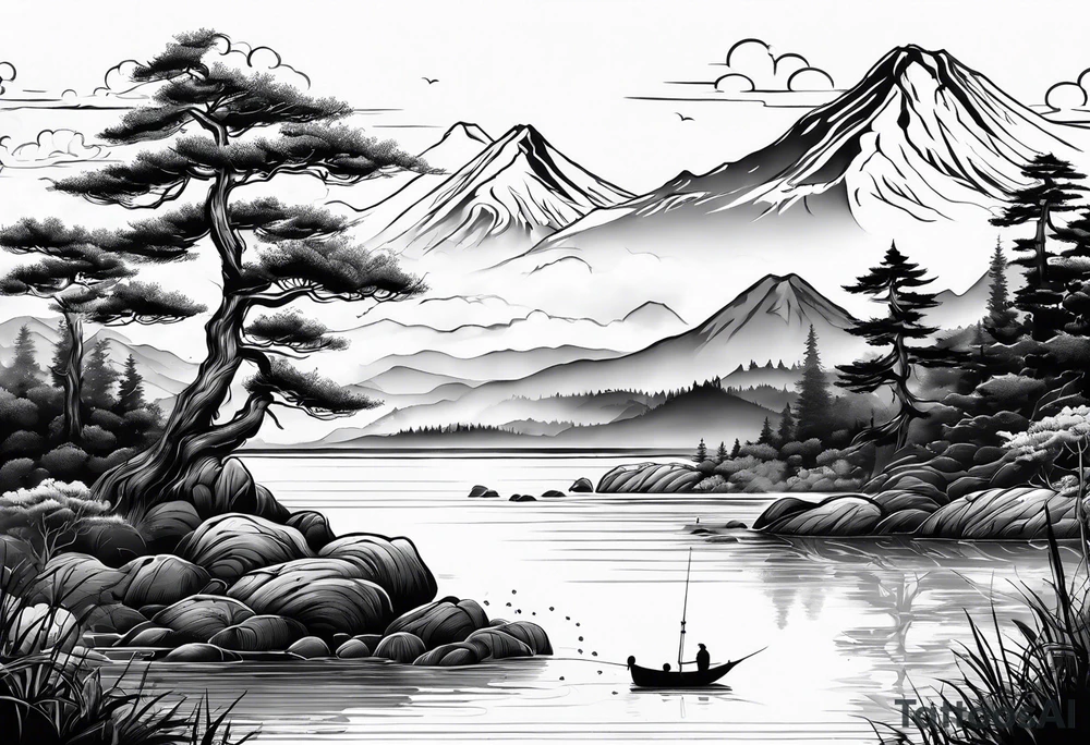 landscape and fishingpole and line with hook tattoo idea
