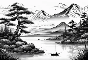 landscape and fishingpole and line with hook tattoo idea