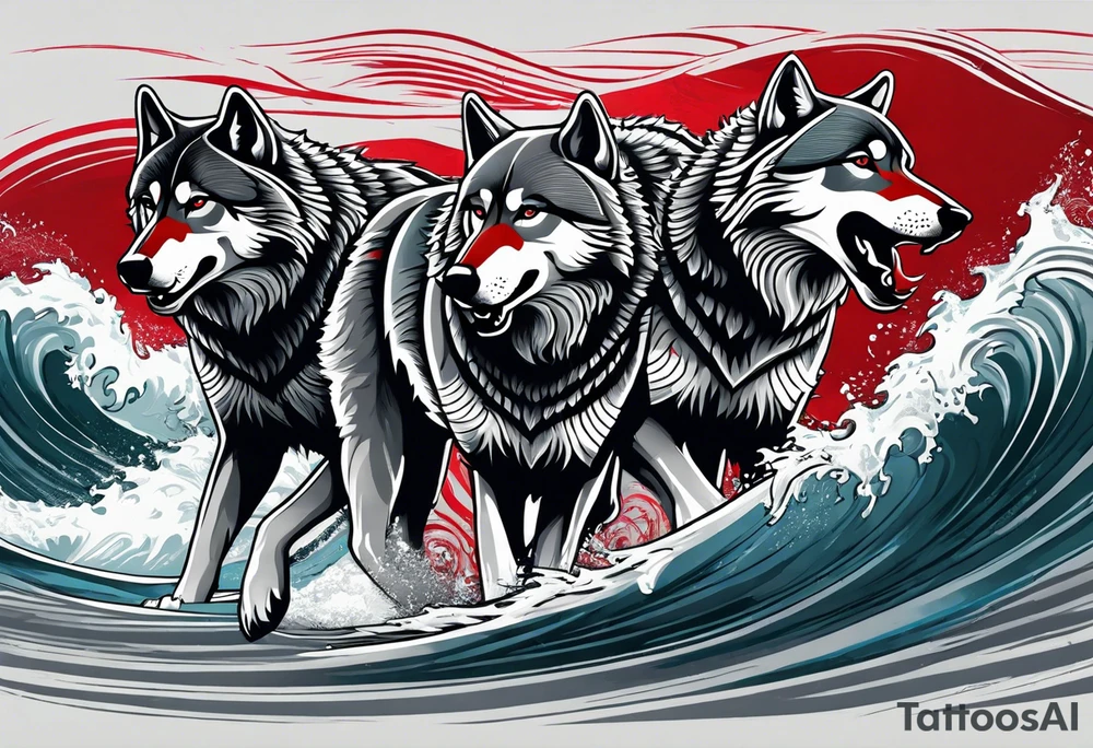 a pack of 3 howling muscular  gray wolves surfing waves with a linear background with red, white and black and gray tattoo idea