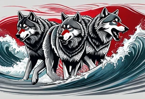 a pack of 3 howling muscular  gray wolves surfing waves with a linear background with red, white and black and gray tattoo idea