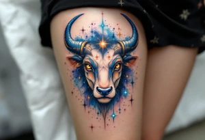 Like a cosmic guardian, Taurus watches with ochre eyes and glowing indigo horns with bold star constellation tattoo idea