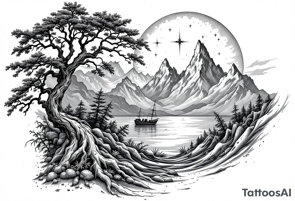 tattoo that has an acacia tree with mountains, ocean with a ship wreck and the northern star tattoo idea