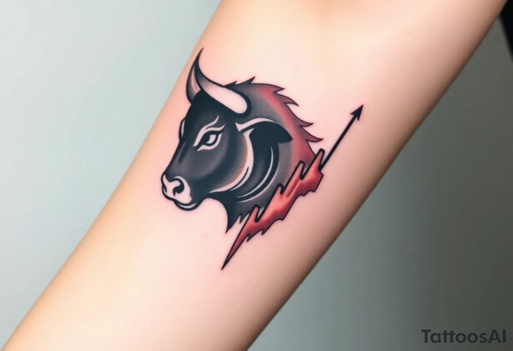 Create a minimalist black line tattoo of a bull’s head that transitions into an upward-trending candlestick stock chart. The design should have clean, fluid lines and combine the bull’s face and horns on the left, with the candlestick chart rising to the right, forming the shape of the bull’s jaw/neck. Keep the style simple and elegant, suitable for a forearm or upper arm tattoo.” tattoo idea