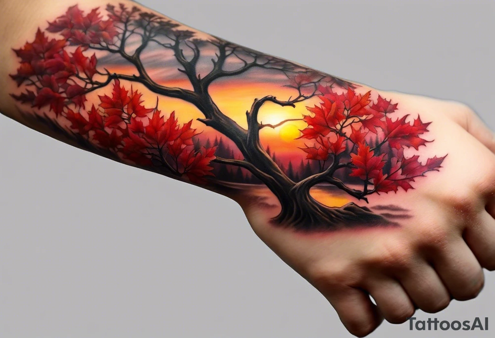 Arm tattoo. Long tattoo. Full sleeve. Shoulder. A single large maple tree with red autumn leaves that branches upwards from wrist to shoulder. White-throated dipper bird on the trees branches. Calluna flowers at the base of the trees stem. Tree stem has dark colors. Red/yellow sunset behind the trees stem. Leaves falling. tattoo idea