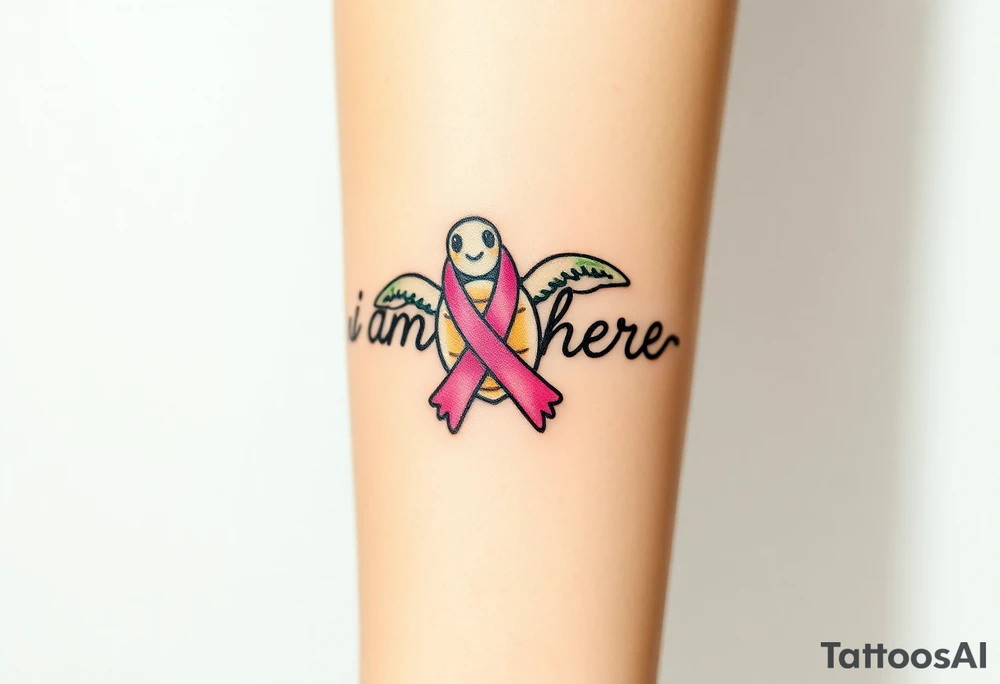 ‘I am here’ with breast cancer pink ribbon as I with Hawaiian theme sea turtle tattoo idea