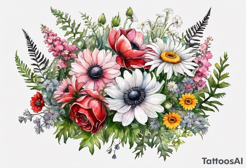 an oval of wildflowers cascading with thistles, ferns, white anemones, sun flowers, red flowers, black flowers, buttercups, pink flowers, babys breath and daisies all in watercolor tattoo idea