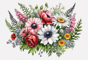 an oval of wildflowers cascading with thistles, ferns, white anemones, sun flowers, red flowers, black flowers, buttercups, pink flowers, babys breath and daisies all in watercolor tattoo idea