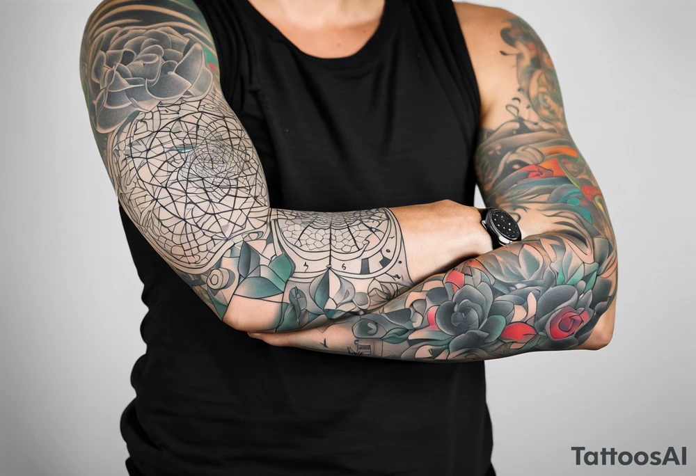 Full arm sleeve , road bicycle, black and white, color accents, fine line tattoo idea
